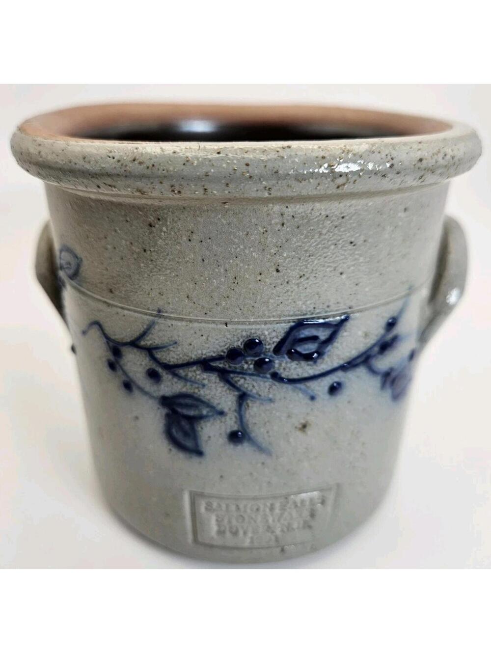 Vintage 1991 Salmon Falls Blueberry Vine Stoneware Pottery Crock 4 1/2” X 4 1/2"